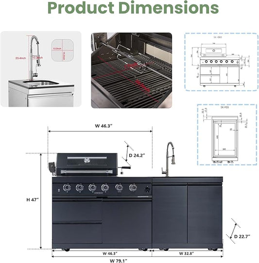 Outdoor Gas Grill Island with Freestanding Side Burner,4-Burner 72,000 BTU BBQ Grill,Infrared Grill,Granite Countertop & Sink,Stainless Steel Outdoor Kitchen.(Black+79in)