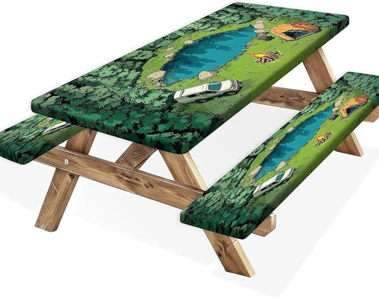 Picnic Table Cover with Bench Covers Elastic Edges, Green Forest Camping Scene Table Cover, Waterproof Windproof Fitted, for Outdoor Camping Patio Garden RV Trips, Drawstring Bag, 60 Inch 3PCS