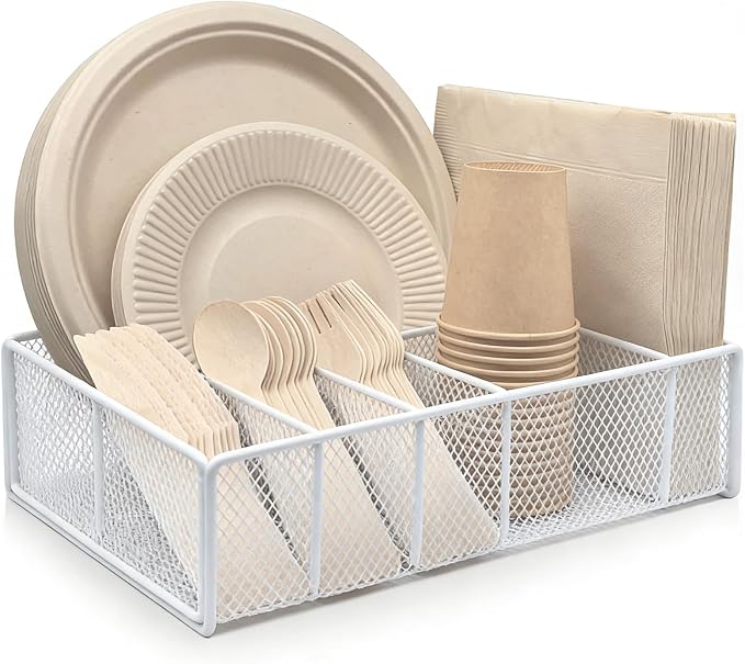 DysanVica Metal Paper Plate Holder - Utensil Silverware Caddy White | Kitchen Counter Cabinet Cutlery Flatware Organizer Storage Dispenser Box Plastic Spoon Fork Plates Napkins Cup Party Camping