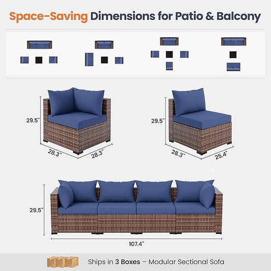 UDPATIO Patio Furniture Set with Fire Pit Table, 5 Piece Outdoor Sectional Sofas, All-Weather Wicker Conversation for Garden, Backyard, Navy Blue