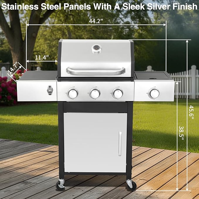 3 Burner Propane Gas Grill, 39,000 BTU Outdoor BBQ Grill with Side Burner and Cast Iron Grates, Cabinet Style Storage Gas Barbecue Grill for Backyard Patio