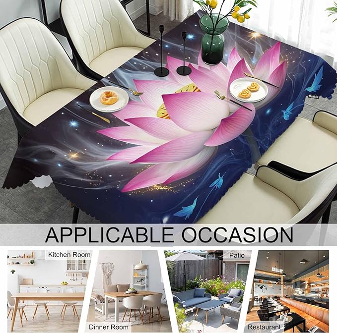 Lotus Rectangle Tablecloth 52x70 Inch Magic Water Lotus Flowers Sparkle Blue Dining Table Cloth Table Cover for Home Kitchen Restaurant Party Buffet Picnic, 4-6 Seats