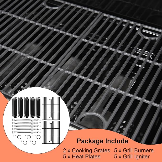 Grill Parts for Nexgrill 5 Burner 720-0888 720-0888N 720-0888A,4 Burner Nex-grill 720-0830H 720-0830 Cast Iron Grill Grate, Porcelain Steel Heat Plate, Burner Replacement Kit for Home Depot Nex grill