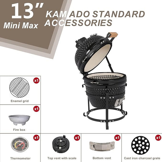 Outvita Ceramic Grill, 13" Round Kamado Charcoal Grill, Portable Barbecue Grill with Thermometer for Variations on Cooking Methods(Black)