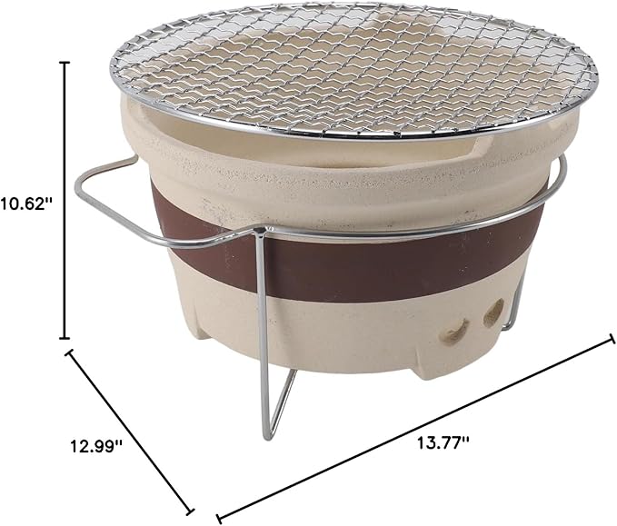 Traditional Chinese Clay Charcoal Stove for Tea Making & Grilling, Indoor Outdoor Camping Picnic BBQ, Portable Ceramic Stove with Grill Net & Stand (9.45 Inch)