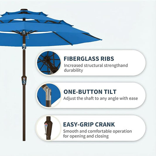 PatioKingdom 9ft 3-Tier Patio Market Umbrella with Crank/Tilt, Commercial Heavy Duty Wind Proof,Outdoor Table Umbrella with 8 Fiberglass Ribs,UPF50+ for Deck,Pool,Garden,Backyard (Royal Blue)