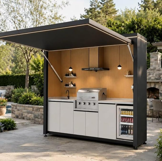 Outdoor Kitchen Island with Burner Gas Grill & Refrigerator, Modular BBQ Station with Rotisserie, Sink, Storage & Covered Roof – Premium Outdoor Kitchen Pod for Luxury Backyard, Villa, Resort