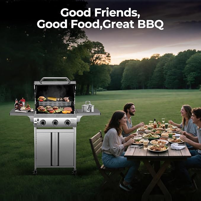 Cowsar Stainless Steel 3-Burner Propane Gas Grill, 24000BTU Last-Long BBQ Grill with Foldable Side Table, Stainless Steel Grate, Barbecue Grill for Outdoor Cooking, Backyard, Patio, Garden, Deck