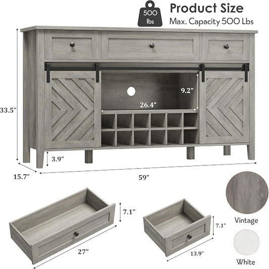 CABIHOME Farmhouse 47.2'' Buffet Cabinet with Sliding Barn Door, 33.4'' Tall Wood Rustic Sideboard with 3 Drawer, Adjustable Shelf and Removable Wine Rack (Vintage, 59'')