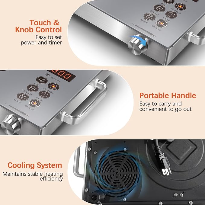 Single Burner Electric Cooktop, Protable Electric Stove with Handle, Countertop Ceramic Stove top for Camping, Home, RVs, Child Lock, Timer, Steam, BBQ, Stir Fry,110V - 120V Plug in, Grey