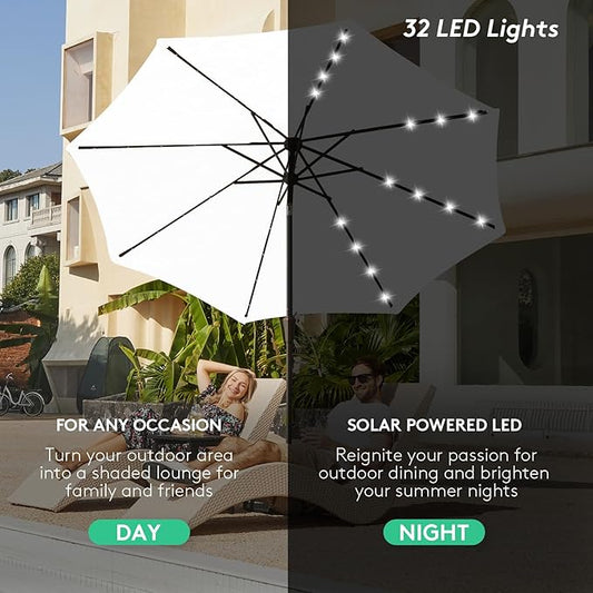 JEAREY 9FT Outdoor Patio Umbrella with Solar Lights, LED Lighted Pool Umbrella with Tilt and Crank, Outdoor Table Umbrellas for Deck, Yard & Market (Cream White)