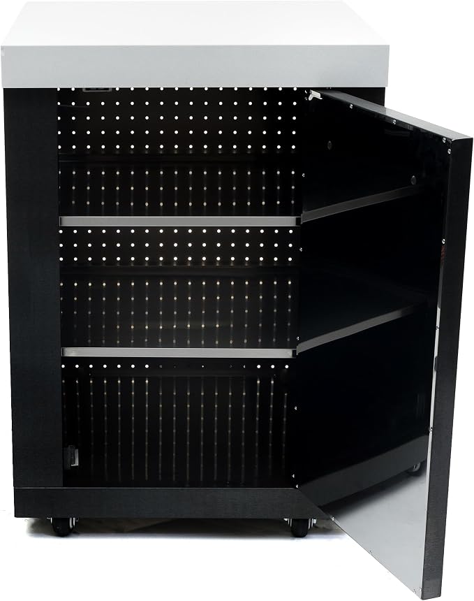 Mont Alpi 25" Stainless Steel Extra Storage Right Cabinet Module with Magnetic Door & White Granite Countertop - 2 Shelves | 805 & 400 Black Series