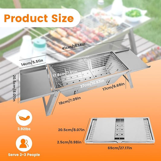 3-in-1 Portable Charcoal Grill Foldable Camping BBQ, Tabletop Stainless Steel Grill with Adjustable Fire Grate & Carry Bag for Outdoor, Picnic, Backyard (10.63x7.01in Cooking Area)