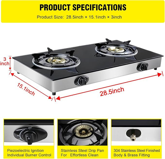 forimo Propane Gas Cooktop 2 Burners Gas Stove portable Tempered Glass Double Burners Stove Auto Ignition Camping Double Burner LPG for RV,Apartments,Outdoor