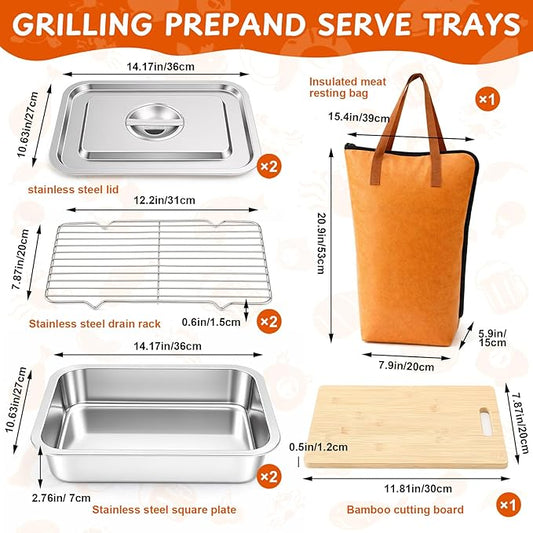 8-in-1 Stainless Steel Grill Prep Tray and Carry System with Meat Resting Bag, Bamboo Cutting Board, Rack, Pans & Lids - Outdoor BBQ Kit Grill Accessories for Cooking, Camping, Kitchen Prep(Medium)