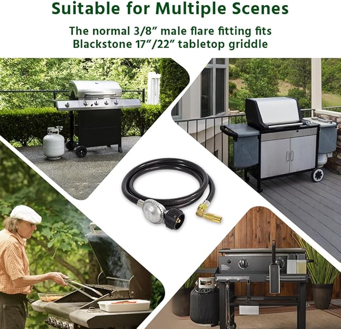 6FT Propane Adapter Hose with Regulator and Elbow Adapter, Fits Blackstone 17 inch and 22 inch Table Top Griddle, Flat Pressure Relief Valve, 3/8'' Connect Fitting