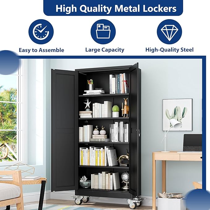 Ckzbx Metal Garage Storage Cabinet with Locking Doors and Adjustable Shelves,71" H Steel File Cabinet with Wheels for Garage,Office (Black)