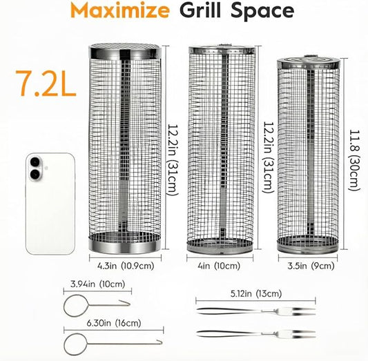 3 Pcs Rolling Grill Baskets for Outdoor Grill Accessories, BBQ Grilling Basket for Vegetables Shrimp Kebob, Outdoor Cooking Camping, Birthday Gifts for Men Dad Husband