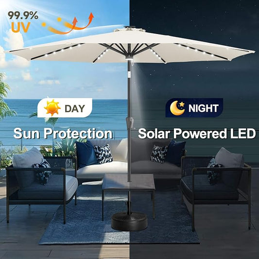 FLAME&SHADE Solar Patio Umbrella with a Centre Light, 11 FT Ivory | 40 LED Lights, UV Protection, Waterproof, Porch Deck Outdoor Umbrella for Pool, Backyard, Garden, Provides Evening Lighting