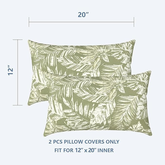 LVTXIII Outdoor/Indoor Lumbar Pillow Covers ONLY, Decorative Patio Lumbar Cushion Covers, Fluffy Water Repellent Garden Cushion Cases for Home Patio Use, 12x20 Inch, Pack of 2, Tropical Leaf Green
