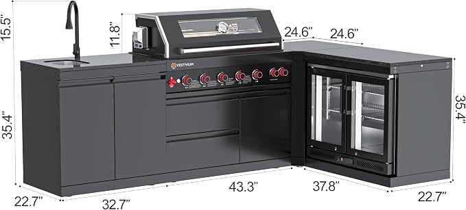 SERA C 6-Burner Natural Gas L-Shape Modular Outdoor Kitchen Black | Black 304 stainless steel, 87900BTU, 115L double fridge, dual sink, 90° corner, soft-close, locking casters, entertaining