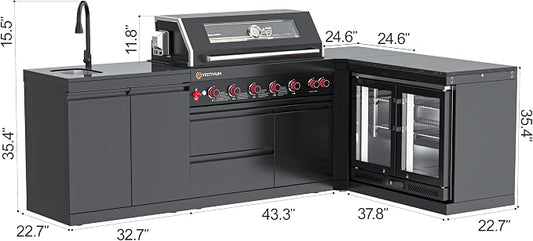 SERA C 6-Burner Natural Gas L-Shape Modular Outdoor Kitchen Black | Black 304 stainless steel, 87900BTU, 115L double fridge, dual sink, 90° corner, soft-close, locking casters, entertaining