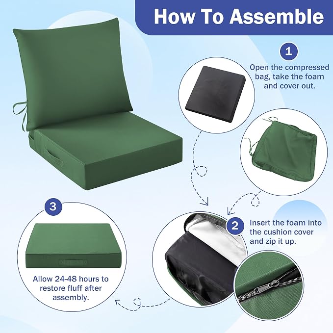 IASEAHK Outdoor Seat Cushion Set, Waterproof & Fade Resistant Patio Chair Cushions, Outdoors Cushion for Patio Furniture, 24 x 24 x 5.75 Inch, Outdoor Couch Cushions with Handle and Ties,ForestGreen