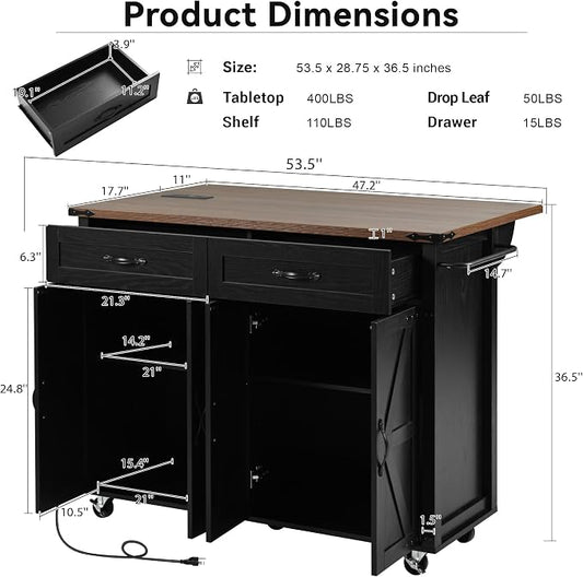 53.5''Farmhouse Kitchen Island with Power Outlet,Storage Cart W/Drop Leaf/Spice Rack/Drawer,Rolling KitchenCart on Wheels,for Home,Dining Room,Black