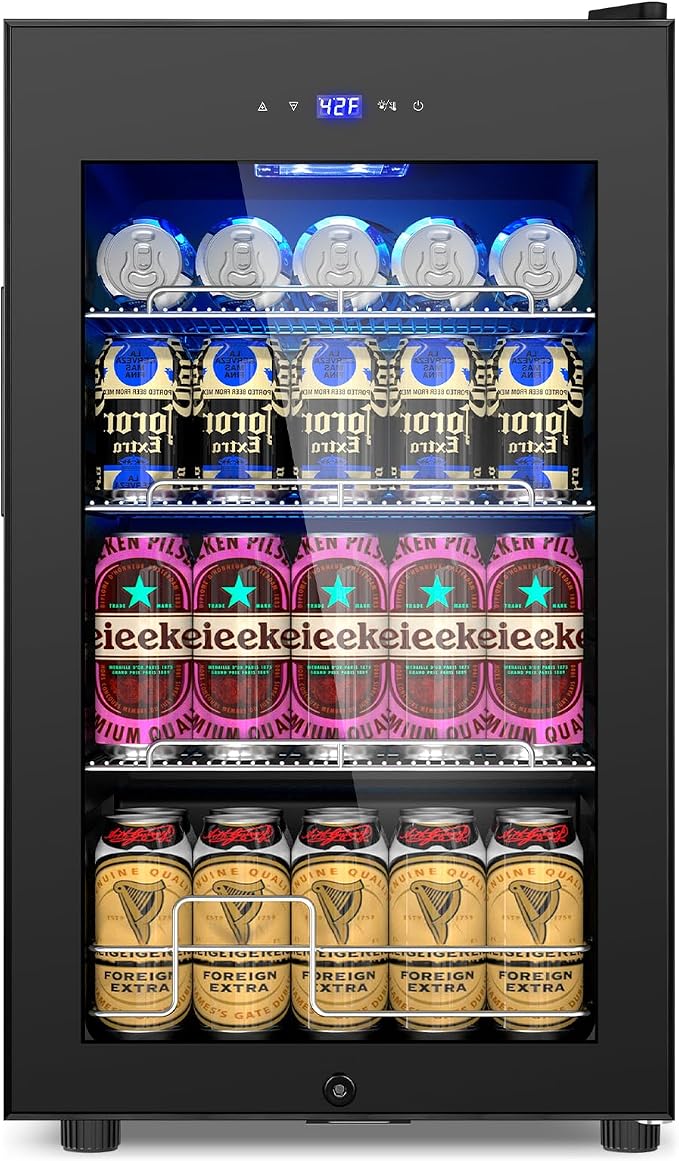 Velivi 17Inch Beverage Refrigerator and Cooler Freestanding, 96 Cans Mini Fridge with glass door and Lock, Small Drink Fridge for Soda, Beer, Wine, For Home Bar Office with LED Light