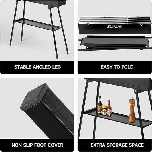 Charcoal Grill, Alloy Steel BBQ Barbecue Outdoor Grilling with Durable Support Frame and Dual Adjustable Vents for Tailgate Patio Beach Backyard(31.6x7.1x5.1 inch With Accessories), Black