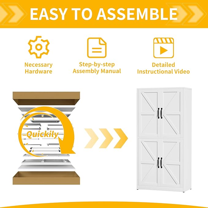 Kitchen Pantry Storage Cabinet, 64" Metal Pantry Cabinet with 4 Doors and Adjustable Shelves, Kitchen Pantry with Hooks for Home, Living Room, Assemble Required (White)