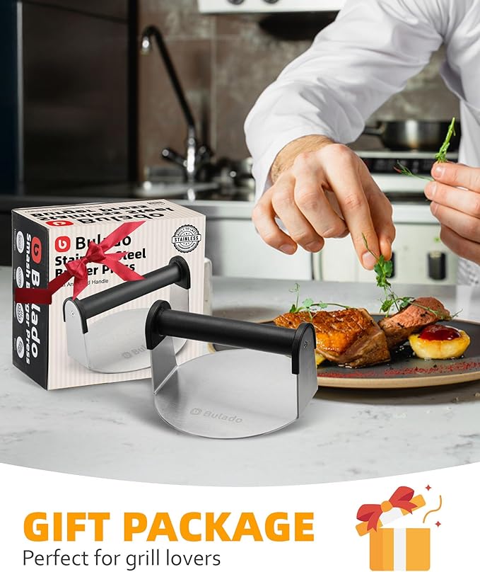 Bulado Burger Press, 6'' Round Burger Smasher for Griddle with Heat-resistant Handle, Stainless Steel Non-stick Hamburger Smasher Tool for Flat Top Griddle, Grill, BBQ, Cooking, Gift Package