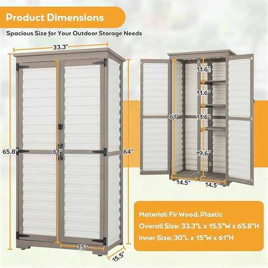 PetsCosset Outdoor Storage Cabinet with Shelves, Wood & Plastic Garden Shed, Weatherproof Outside Tool Cabinet for Patio, Backyard, Pool