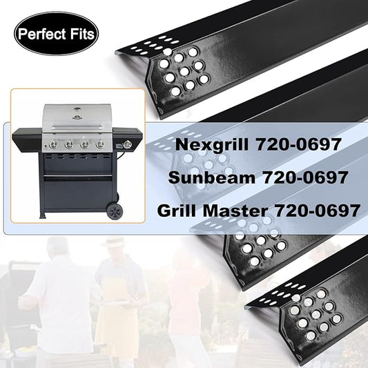 Yiming Grill Replacement Parts for Grillmaster 720-0697, Nexgrill 720-0697, Sunbeam 720-0697 Models, Porcelain Steel Heat Plate Tent Shields, Stainless Steel Pipe Burner Tubes Set, 4 Pack