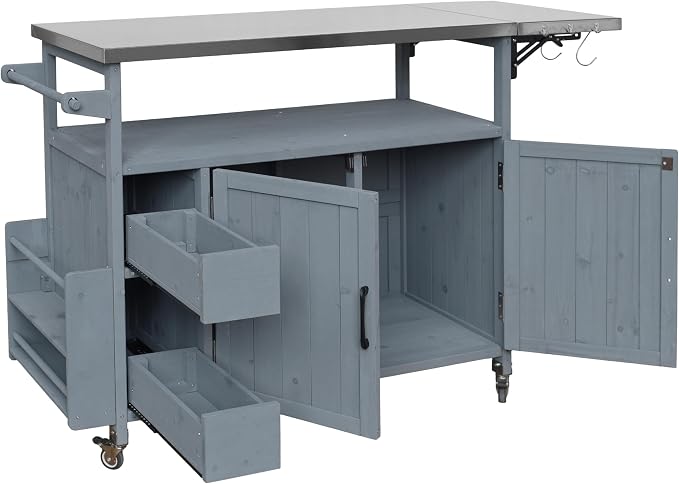 Christopher Knight Home Edsel Outdoor Bar Cart with Stainless Steel Top and Lockable Wheels, Solid Wood Outdoor Storage Cabinet, Kitchen Island Serving Cart for Poolside, Garden, Blue Gray