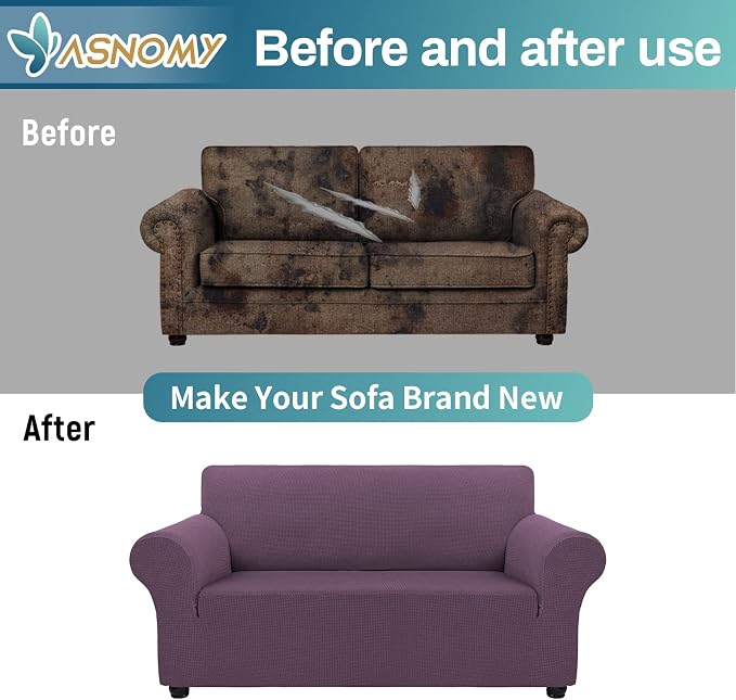 Asnomy Stretch Couch Covers Washable, loveseat Cover Slipcovers,Gray Purple | 1-Piece Sofa Cover(55"-78") loveseat cover Furniture Protector Soft Jacquard,Non-Slip Elastic Bottom for Dogs & Kids