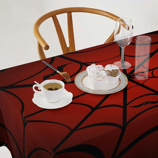 Spider Web Tablecloth, Gothic Black Spider Web Bat Red Water Resistant Wipeable Table Cover for Picnic Party Holiday Kitchen Dinner Table 60"x120"
