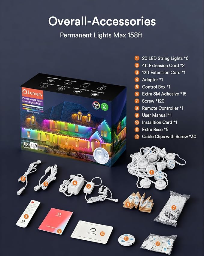 Lumary Permanent Outdoor Lights Max 158FT with 120 LED Eave Lights RGBAICW | 7200LM, IP67 Waterproof, Patio & Backyard Lighting, Pool Parties, DIY Scene Modes, Works with Alexa & Google Assistant