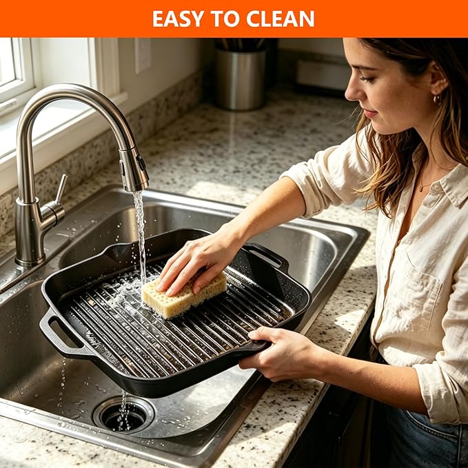 11" Cast Iron Square Grill Pan, Professional Pre-Seasoned Griddle with Handles, Heavy Duty Cooking Skillet, Induction Compatible, Suitable for Stovetop, Oven, BBQ & Fire, Indoor Outdoor Use
