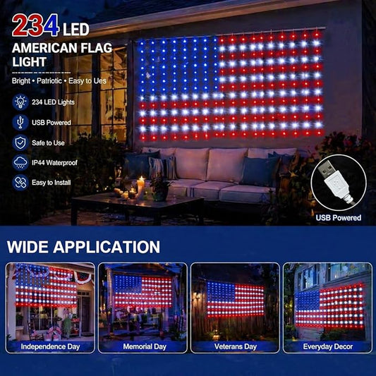 American Flag Curtain Light, USB Powered, 234 LEDs Red White Blue Patriotic American Flag Decor for 4th of July, National Holidays, Memorial Day, Indoor Outdoor Home Porch Courtyard Decoration