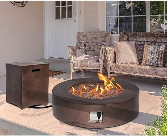 HOMPUS 2 Pcs Propane 42-inch Round Bronze Concrete Fire Table with Tank Cover, Lava Rocks and Rain Cover, 50,000 BTU Patio Fire Pit Table Set for Outdoor