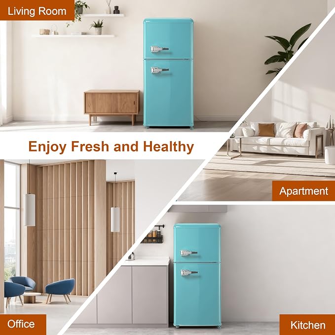 Retro Mini Fridge with Freezer 3.5 Cu. Ft, Small Refrigerator with 7 Level Adjustable Thermostat, Compact Classic Dual Door Fridge Removable Glass Shelves for Apartments, Dorm, Office, Mint Green