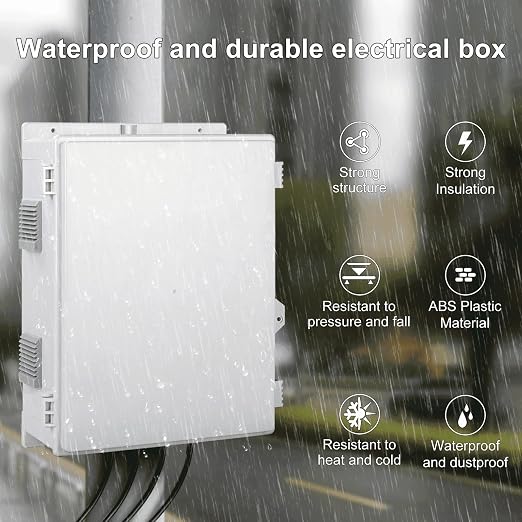 Namunanee Outdoor Electrical Junction Box with High Power Outlet, 16" H* 12" L* 5.9" W, ABS Water Resistant Enclosure with Internal Mounting Panel & Hinged Cover.