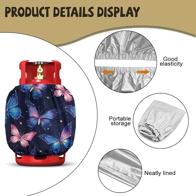 Propane Tank Covers 20lb Retro Outdoor Heavy Duty Waterproof Windproof Gas Tank Cylinder Cover with Elastic Brand, Dress up Your Gas Grill Butterfly