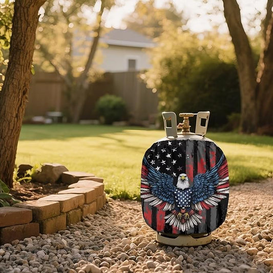 USA Flag Propane Tank Cover 20 lb Patriotic Weather Resistant Gas Cylinder Polyester Eagle 4th of July Decoration Slip-On Standard Tank Cover