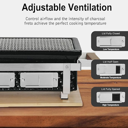 Yakitori Ceramic Charcoal Grill, Japanese Style Tabletop BBQ With Bamboo Heat Shield For Indoor/Outdoor, Square, 16"x9"