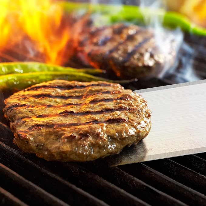 Extra Large Metal Burger Spatula Set of 2, Leonyo Heavy Duty Stainless Steel Griddle Slotted Hamburger Turner, Barbecue Cast Iron Grilling Flat Top Griddle Accessories, Wooden Handle