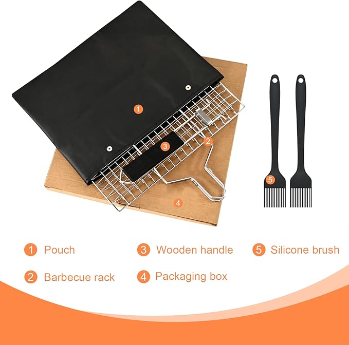 Fish Grill Baskets,Folding Portable Fish Grilling Rack For Grill, BBQ Grilling Basket, Stainless Steel Grill Basket For Veggies, Shrimp, Meat Cook,Come With Storage Bag and Two Basting Brush