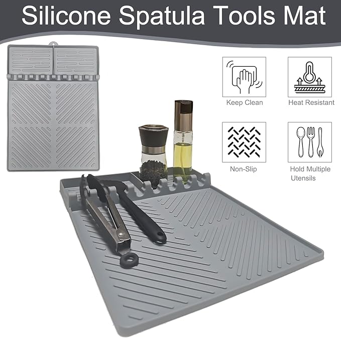 Silicone Griddle Tools Mat for Blackstone, Spatula Rest with Drip Pad, Grill Side Shelf Mat for Blackstone, Silicone Utensil Rest/Holder for BBQ Tools (Gray 1 Pack)