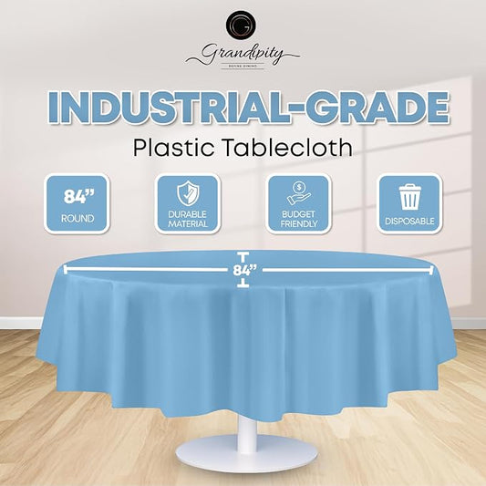 Grandipity 12 Pack Premium Disposable Plastic Tablecloth 84" Inch Decorative Round Table Cover - Sky Blue